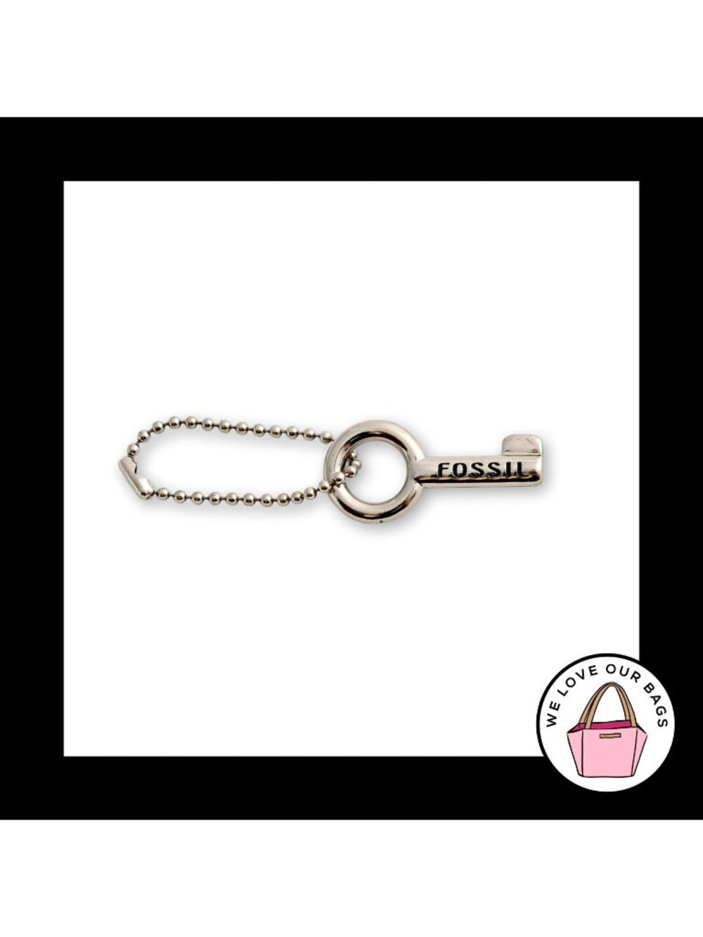 Y2K Vintage FOSSIL KEY Silver Nickel Metal on Ball Chain Bag Charm Hang Tag Fob